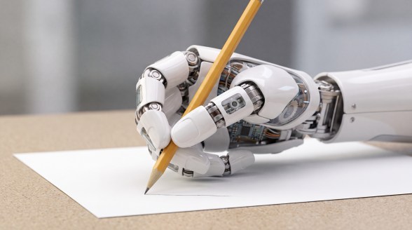 Robot hand writing on a piece of paper with a pencil.
